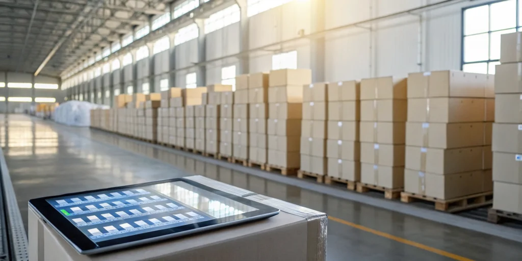 A tablet displaying a serialized ERP for wholesalers in a warehouse with stacked inventory.