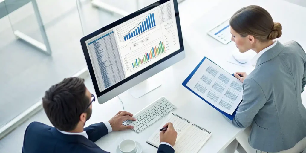 A manager using deductions management software to review financial reports on a computer.