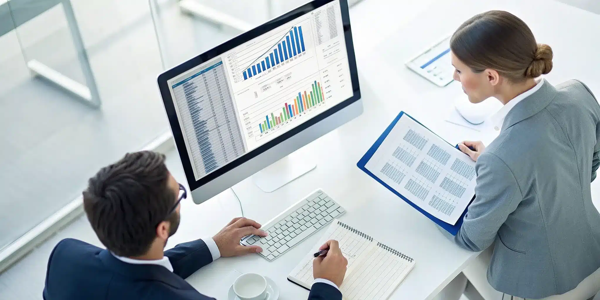 A manager using deductions management software to review financial reports on a computer.