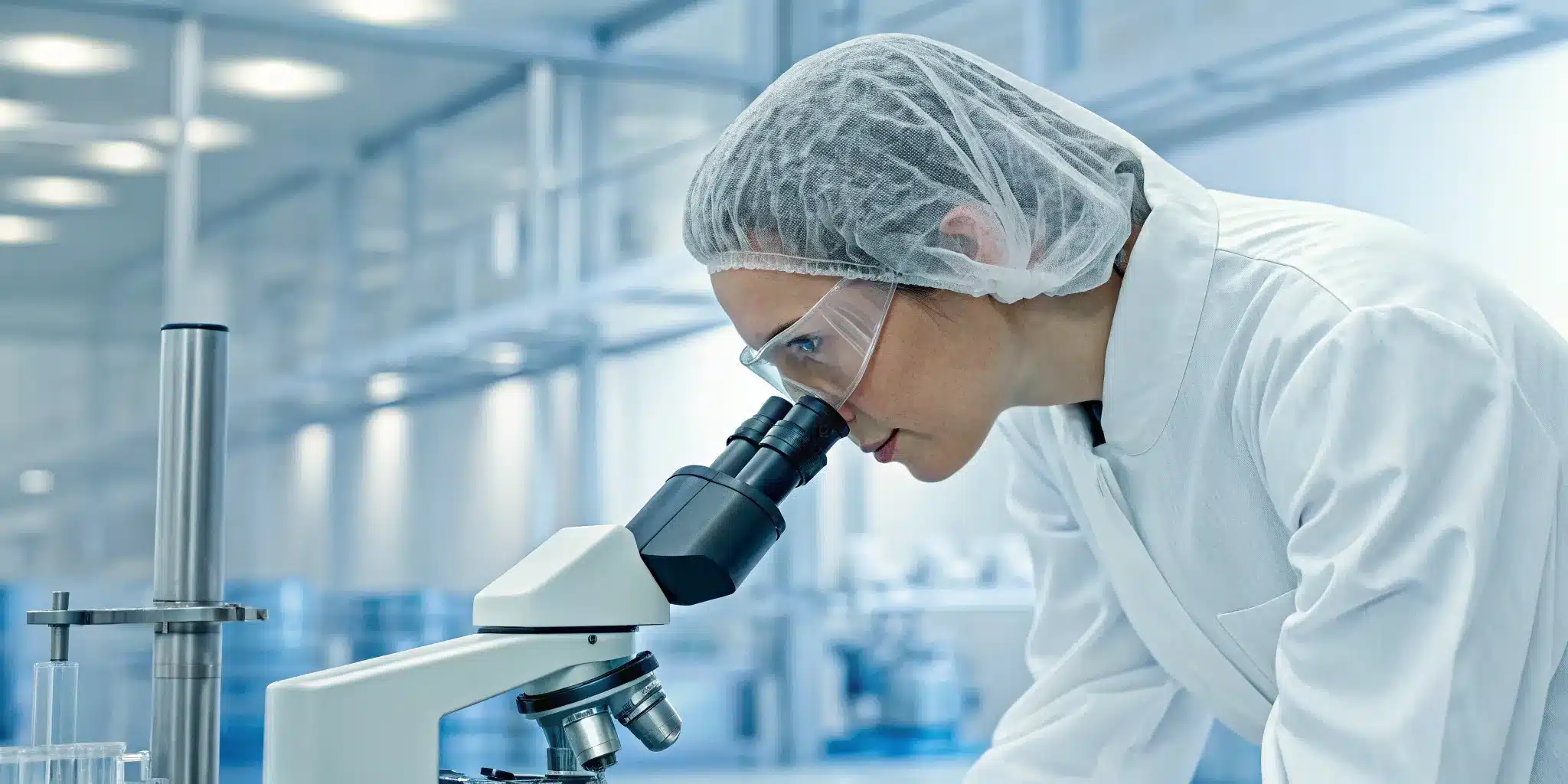 Scientist in a lab coat verifies a drug sample, ensuring end-to-end traceability in pharma.