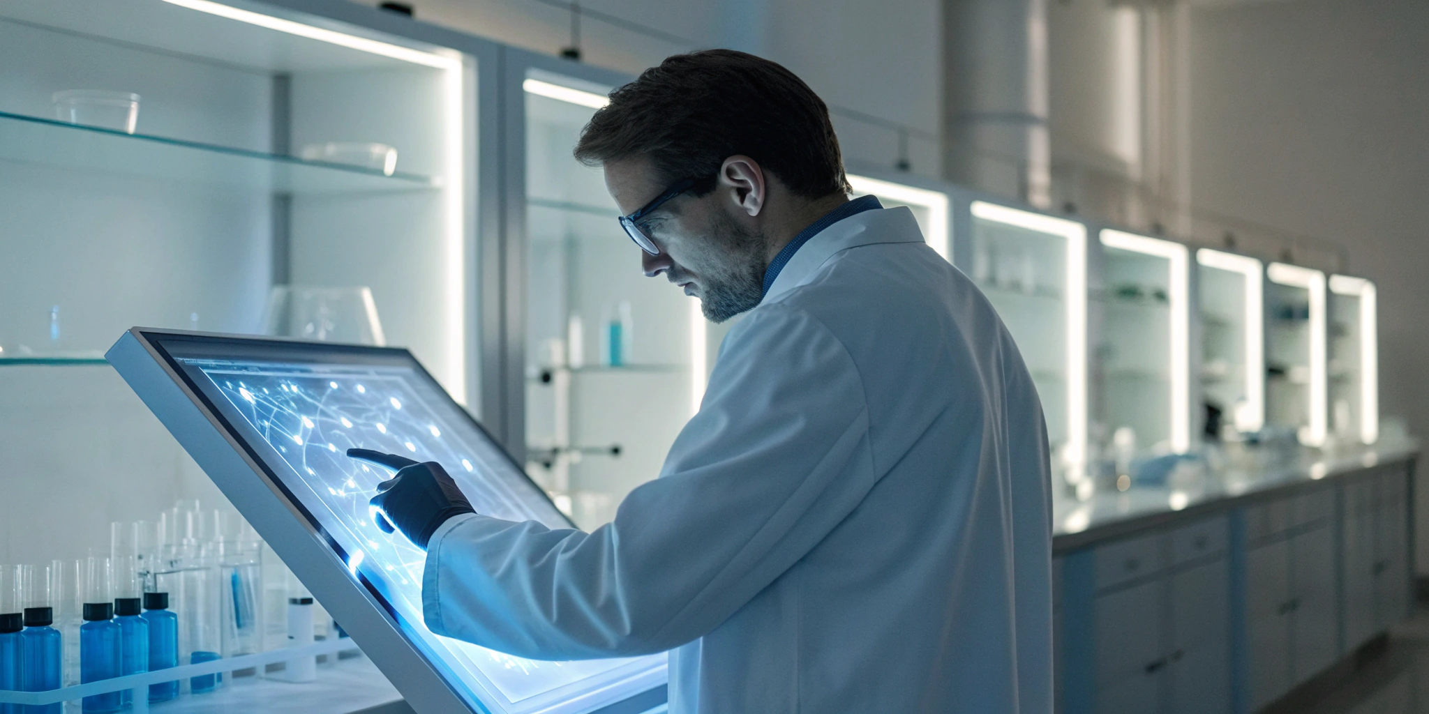 Pharmaceutical professional using a serialized ERP system to track products in a lab.