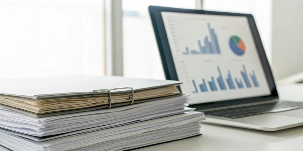 Laptop displaying an audit trail review procedure next to a binder of audit documents.