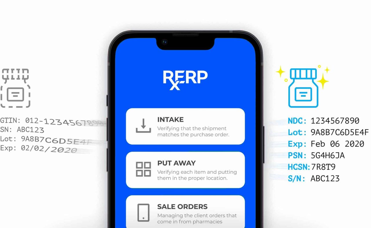Smartphone screen showing an app with three options: Intake, Put Away, and Sale Orders, on a blue background with the RERP X logo.
