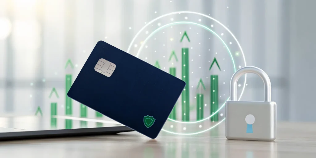 A credit card and padlock for chargeback prevention and saving revenue.