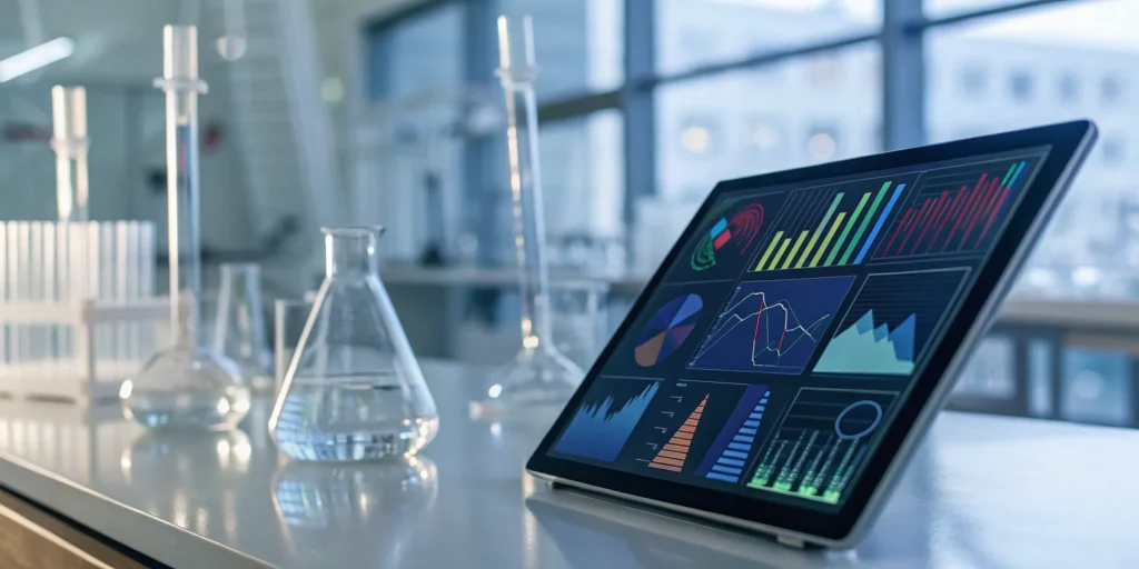 Pharmaceutical compliance reporting software dashboard displayed on a tablet in a laboratory.