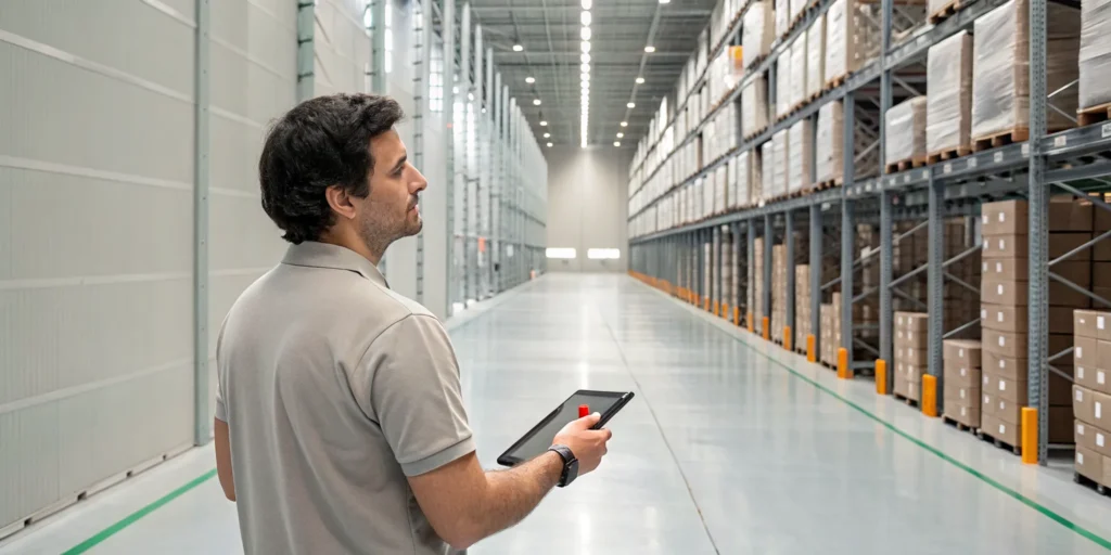 Worker using a tablet in a warehouse to improve inventory accuracy.