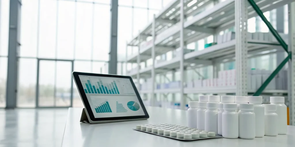 Pharma inventory forecasting charts on a tablet in a warehouse with medicine bottles.