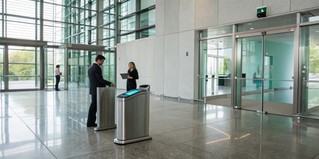 An access control policy in practice with employees using secure entry gates.