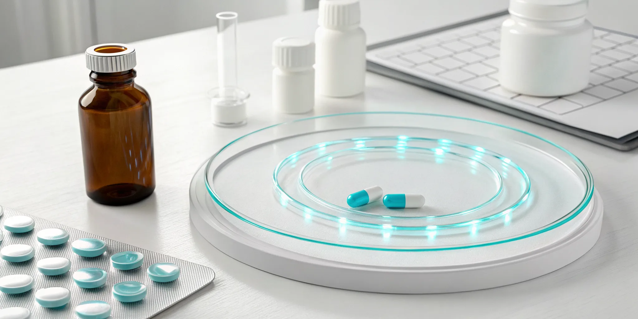 api-integration-101-a-guide-for-pharma-operations-142846 - RxERP - RxERP API integration connecting pharma data on a digital interface, with medicine bottles and pills on a desk.