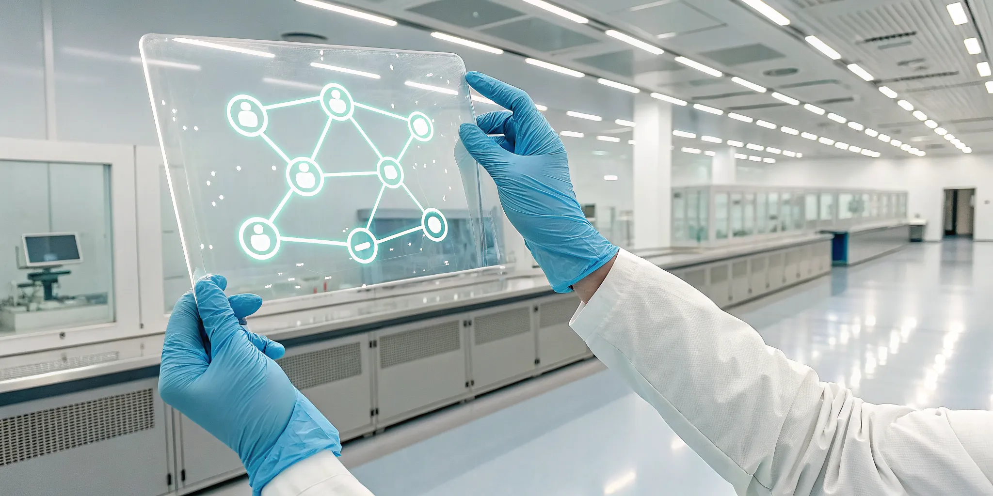 configuration-management-101-for-the-pharma-industry-995305 - RxERP - RxERP Configuration management network displayed on a digital screen held by a scientist in a pharmaceutical lab.