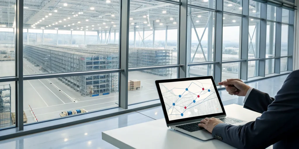 Manager using EDI integration on a laptop to automate supply chain logistics in a warehouse.
