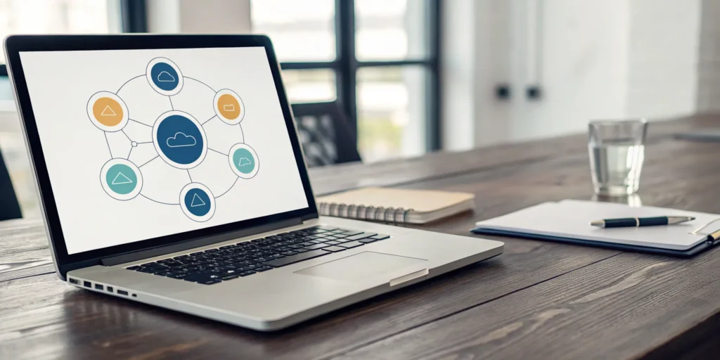 Laptop on a desk displaying a flowchart for a business continuity plan.