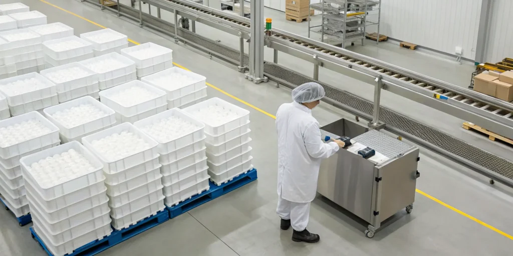 A worker in a pharma cleanroom follows the pick, pack, and ship process for order fulfillment.
