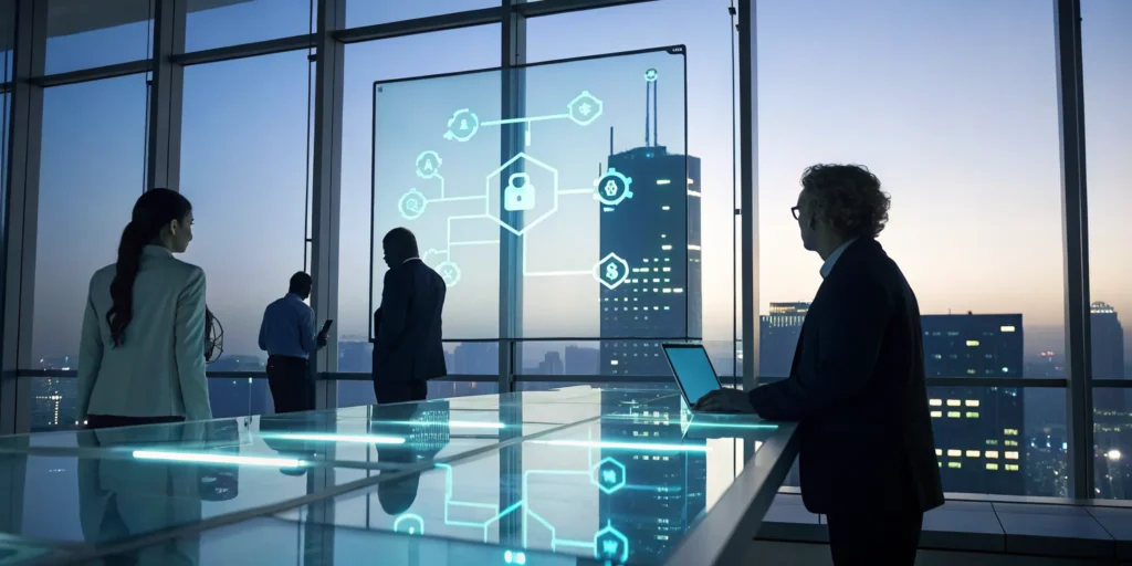 A team in an office develops their incident response plan, surrounded by digital security lock icons.