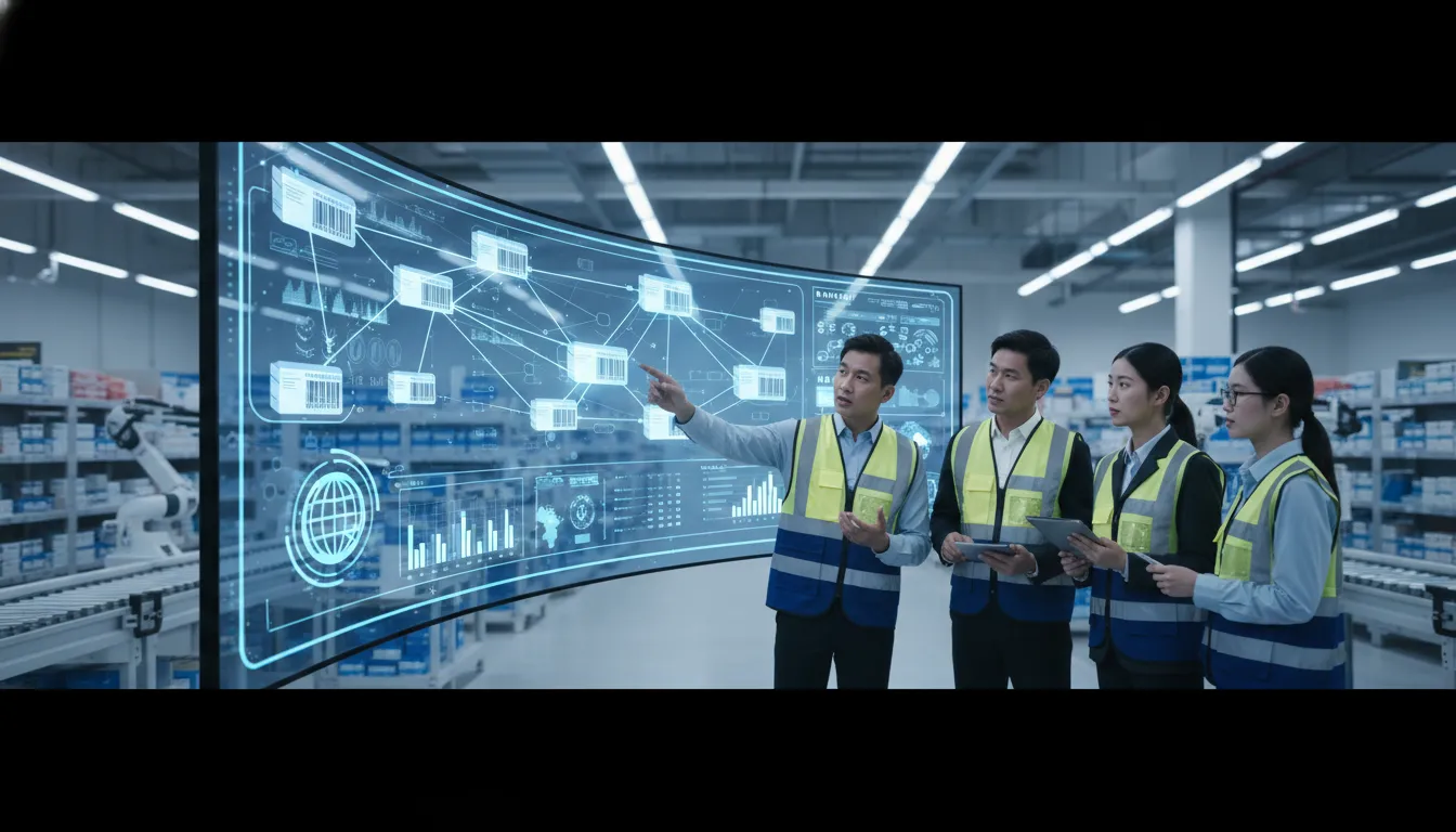 Pharmaceutical operations team reviewing lot traceability software data