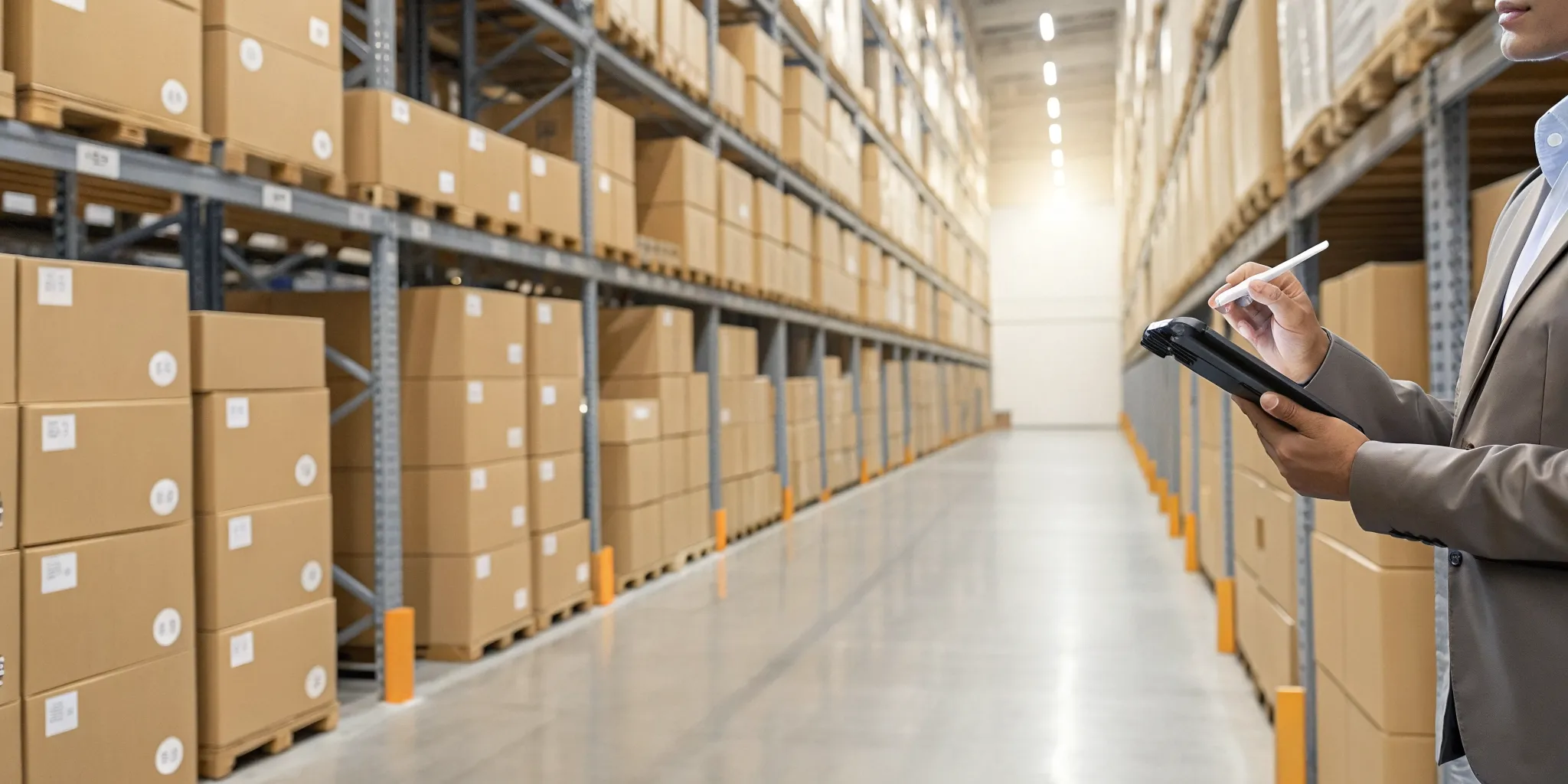 A warehouse worker manages a perpetual inventory system using a tablet.