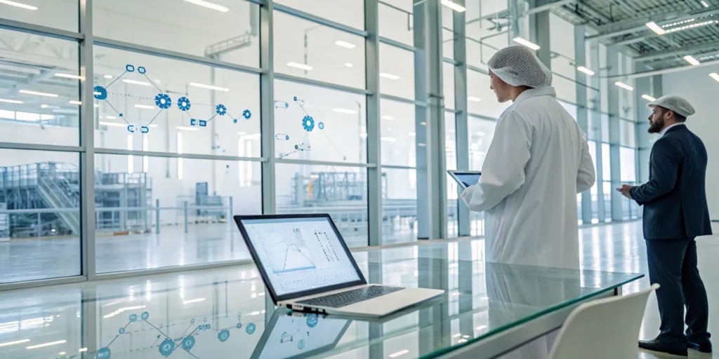Pharmaceutical ERP software on a laptop with professionals discussing operations in a facility.