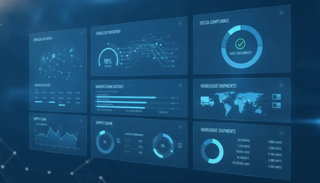 Pharmaceutical manufacturing ERP software dashboard for serialized supply chain operations