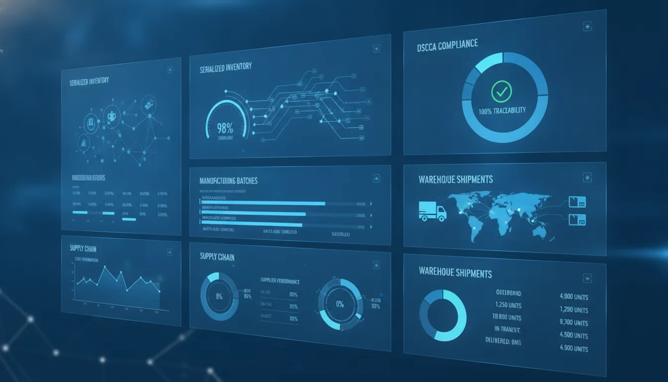 Pharmaceutical manufacturing ERP software dashboard for serialized supply chain operations