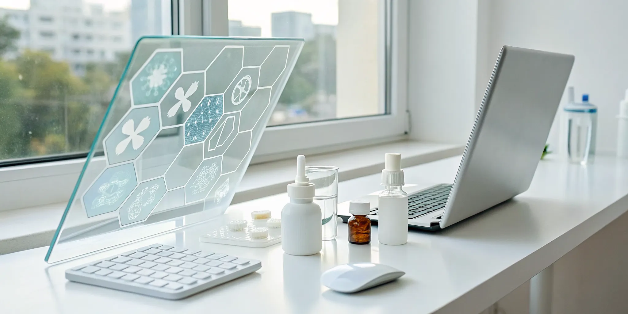 product-master-data-101-a-guide-for-pharma-857859 - RxERP - RxERP Pharma products on a desk with a laptop showing a product master data dashboard.