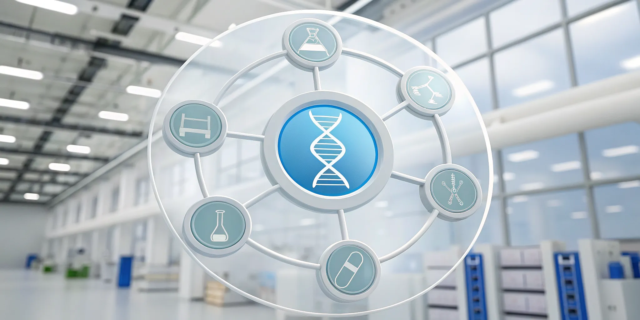 Purchase order processing in pharma shown with a DNA strand and icons in a lab.