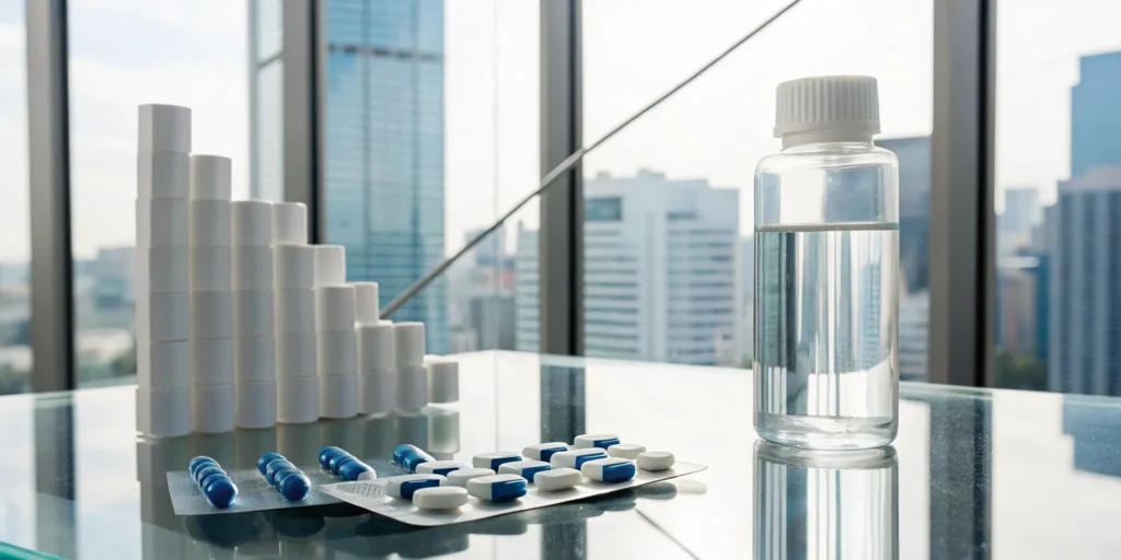 Pharmaceutical rebate management process shown with pills and tablets on a glass table.