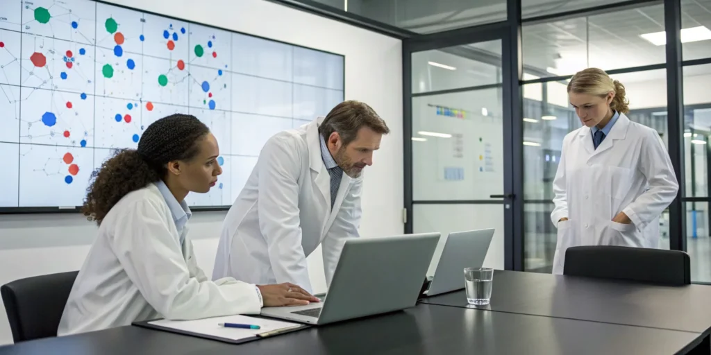 Pharma QA team performing a risk-based testing assessment on a laptop in a lab.