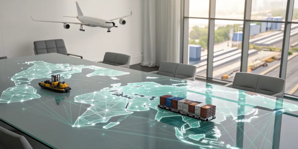 Supply chain analytics visualized with a digital world map, cargo ship, and airplane models.