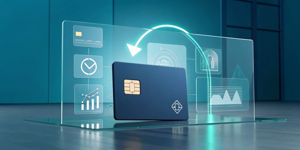 Digital card with data analytics icons for streamlined chargeback management.