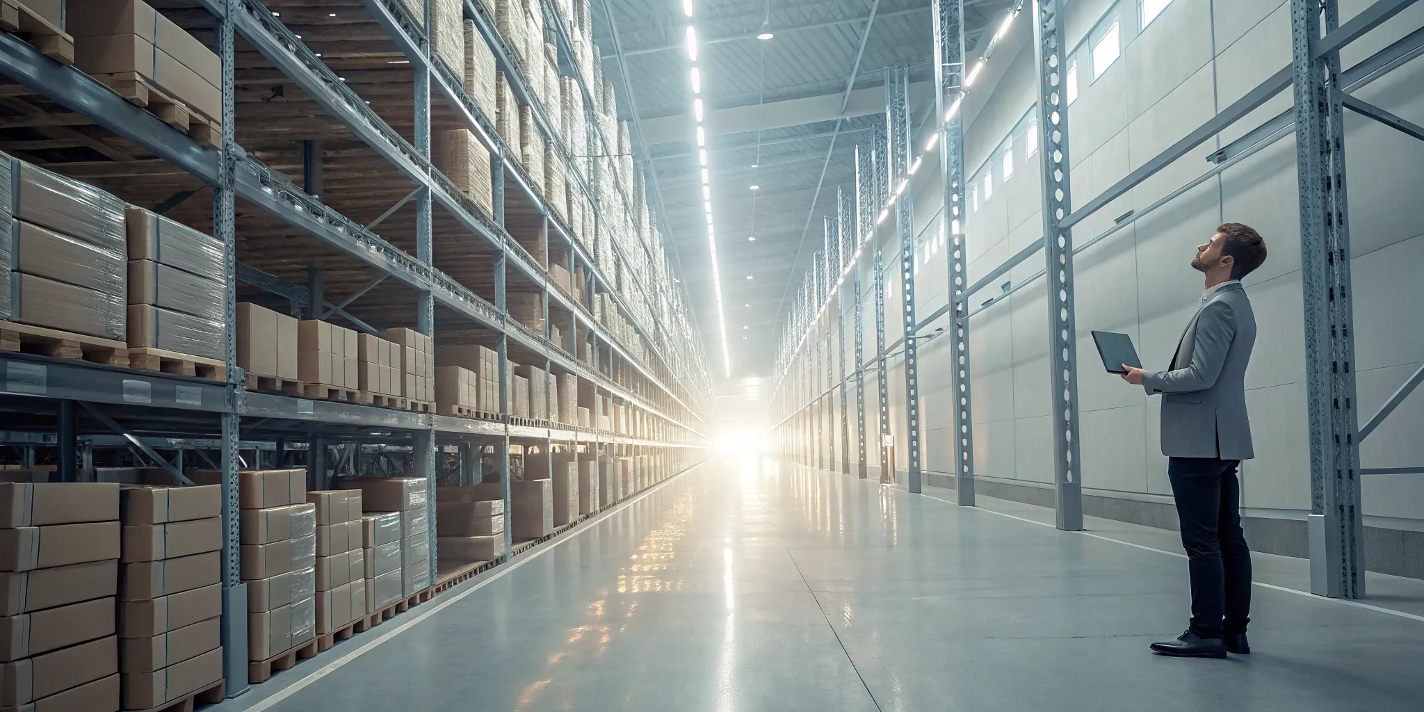 A worker in a warehouse uses a tablet to improve pharmaceutical inventory visibility.