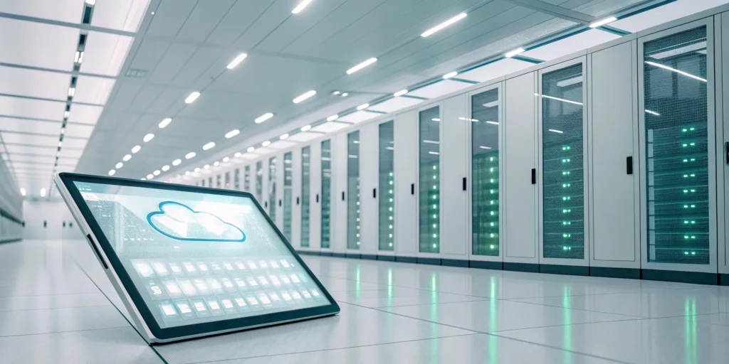 Pharma data migration checklist on a tablet in a data center.