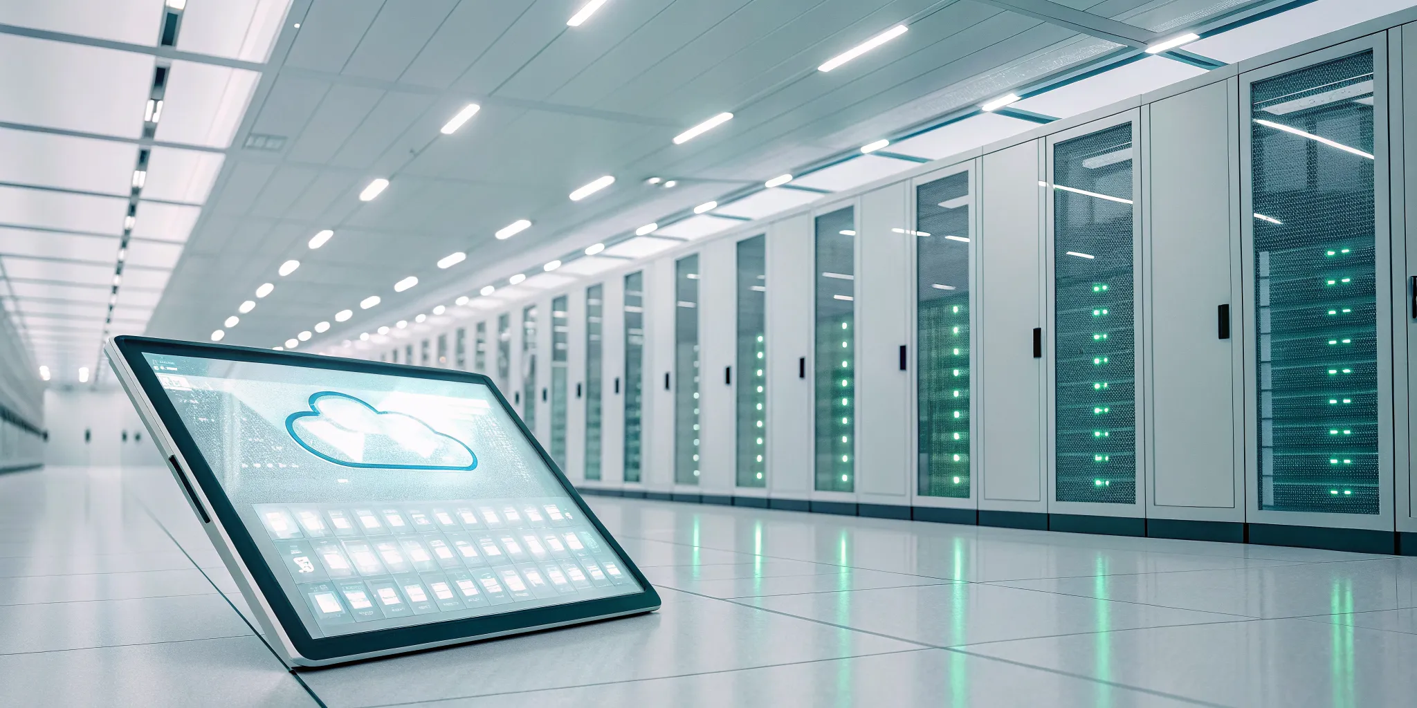 Pharma data migration checklist on a tablet in a data center.
