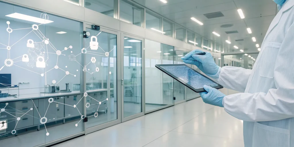 Scientist using a tablet for compliant management of electronic records in a pharma lab.