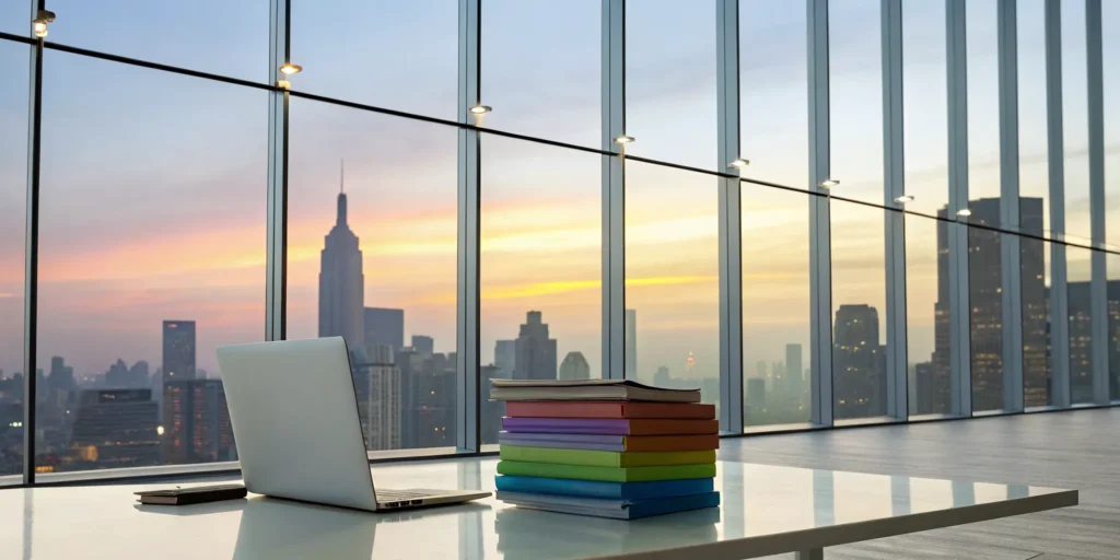 A laptop and books on a desk for creating a formal data retention policy.