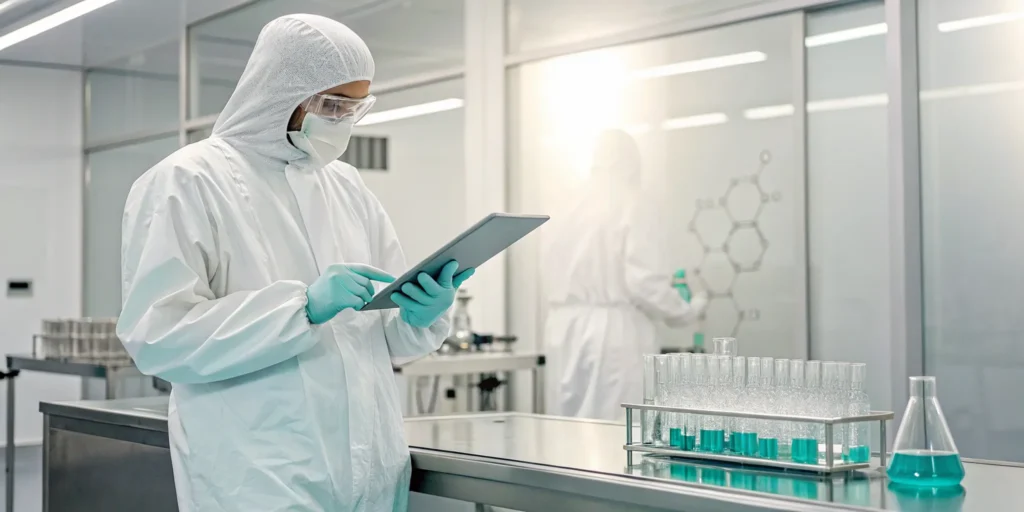 Scientist in a cleanroom using a tablet to monitor a pharmaceutical quality system.