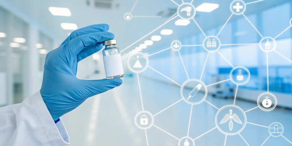 Gloved hand holding a pharmaceutical vial being monitored by a traceability system.
