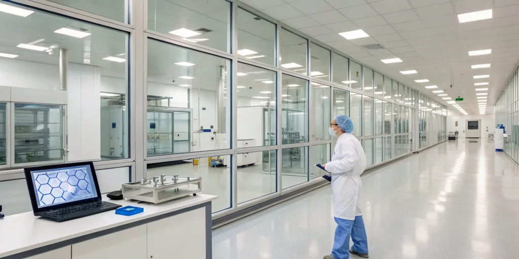 A lab professional performs computer system validation in a pharmaceutical facility.