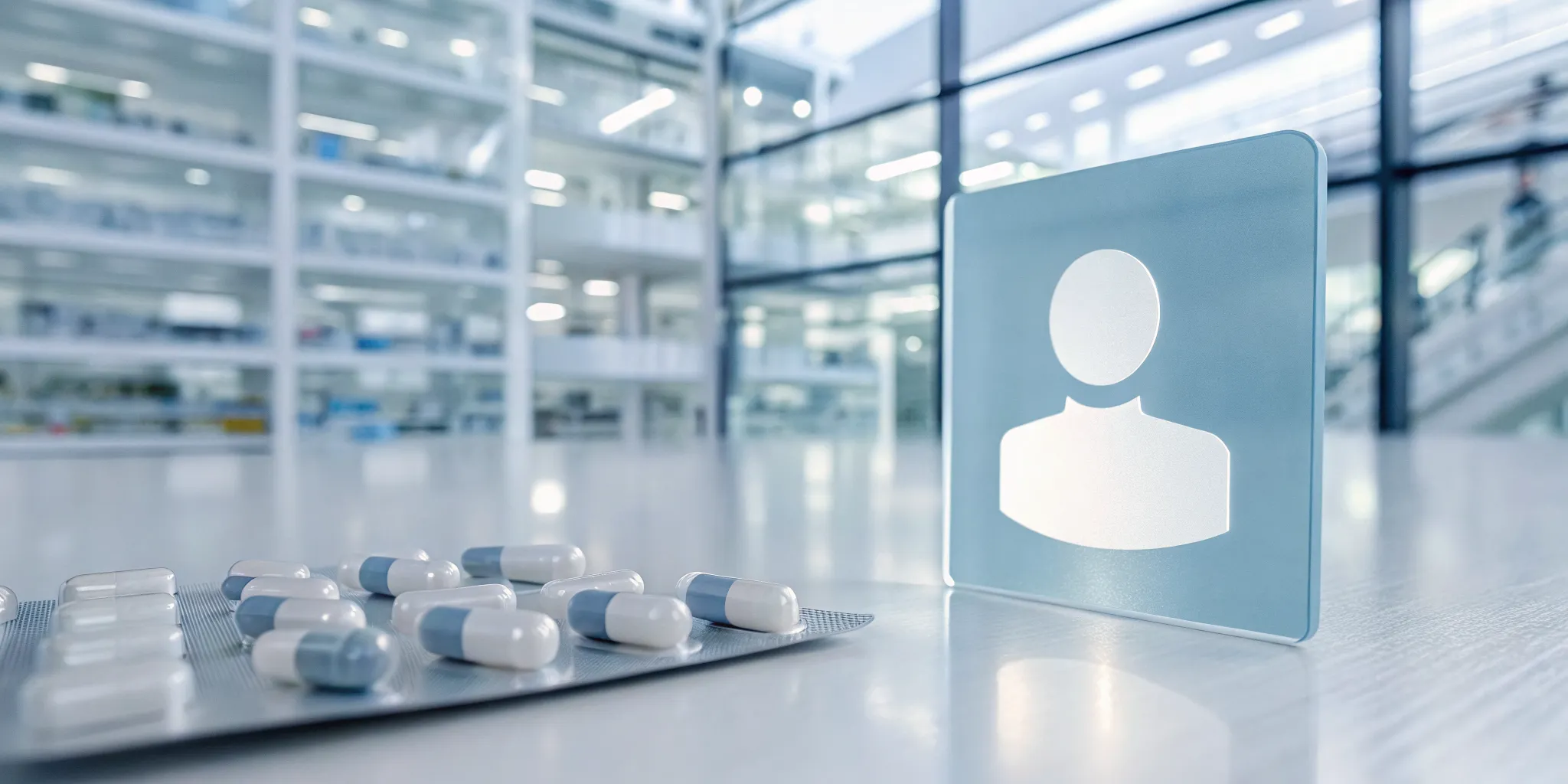Pharma capsules next to an icon for customer master data management.