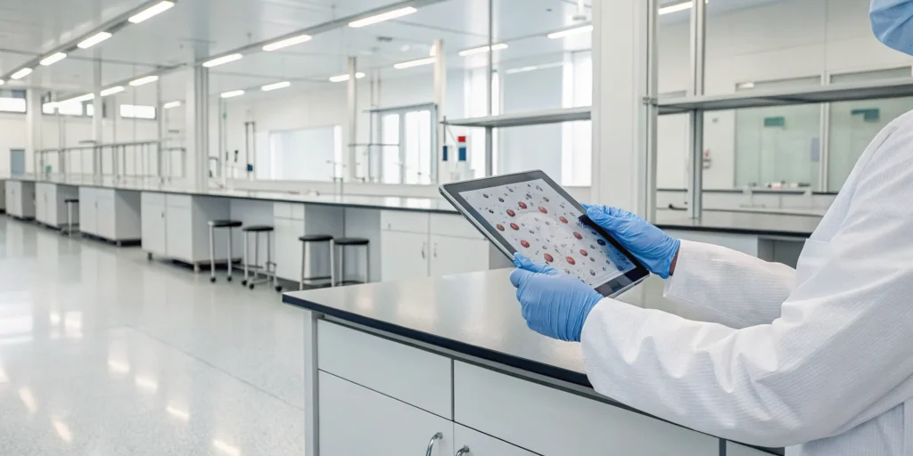 Scientist performing pharmaceutical data cleansing on a tablet.