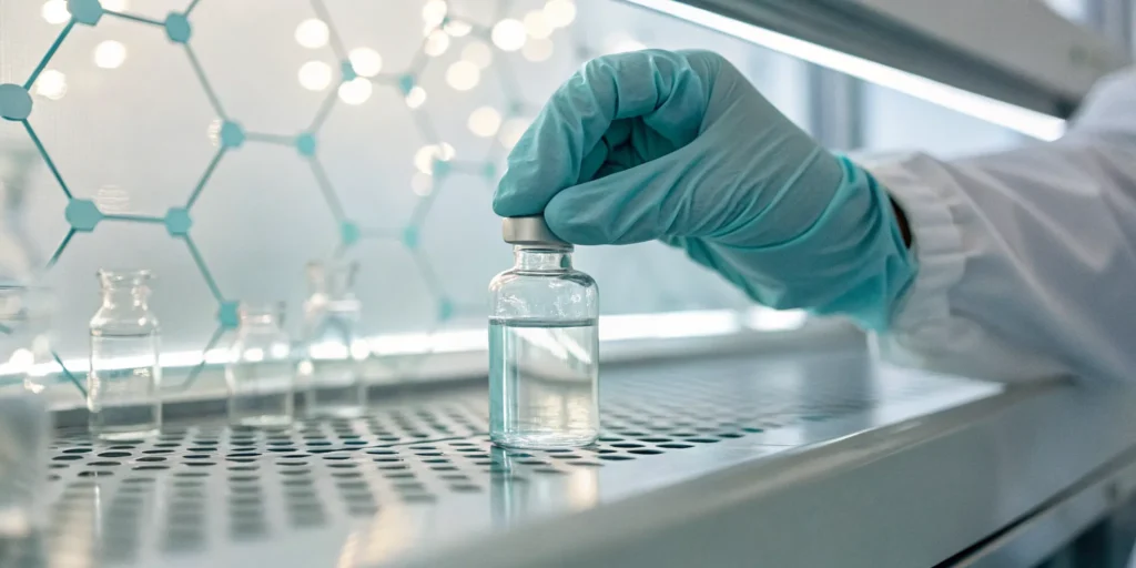 A lab technician ensures pharmaceutical data integrity while carefully handling a vial.