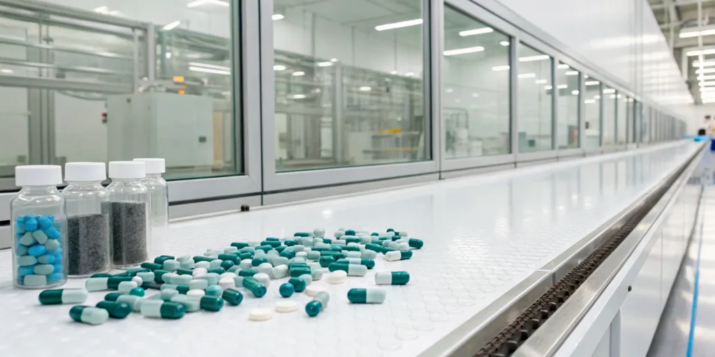Organized pills on a pharmaceutical production line, showing the benefits of data normalization.
