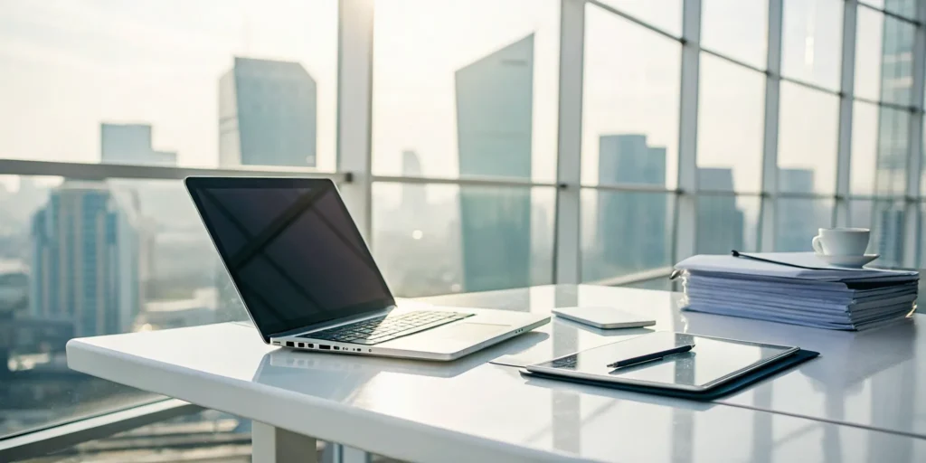 A laptop on a modern desk showing an invoice automation process with paperwork nearby.