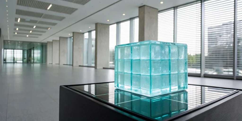 Glass cube sculpture in a modern office representing a master data governance framework.