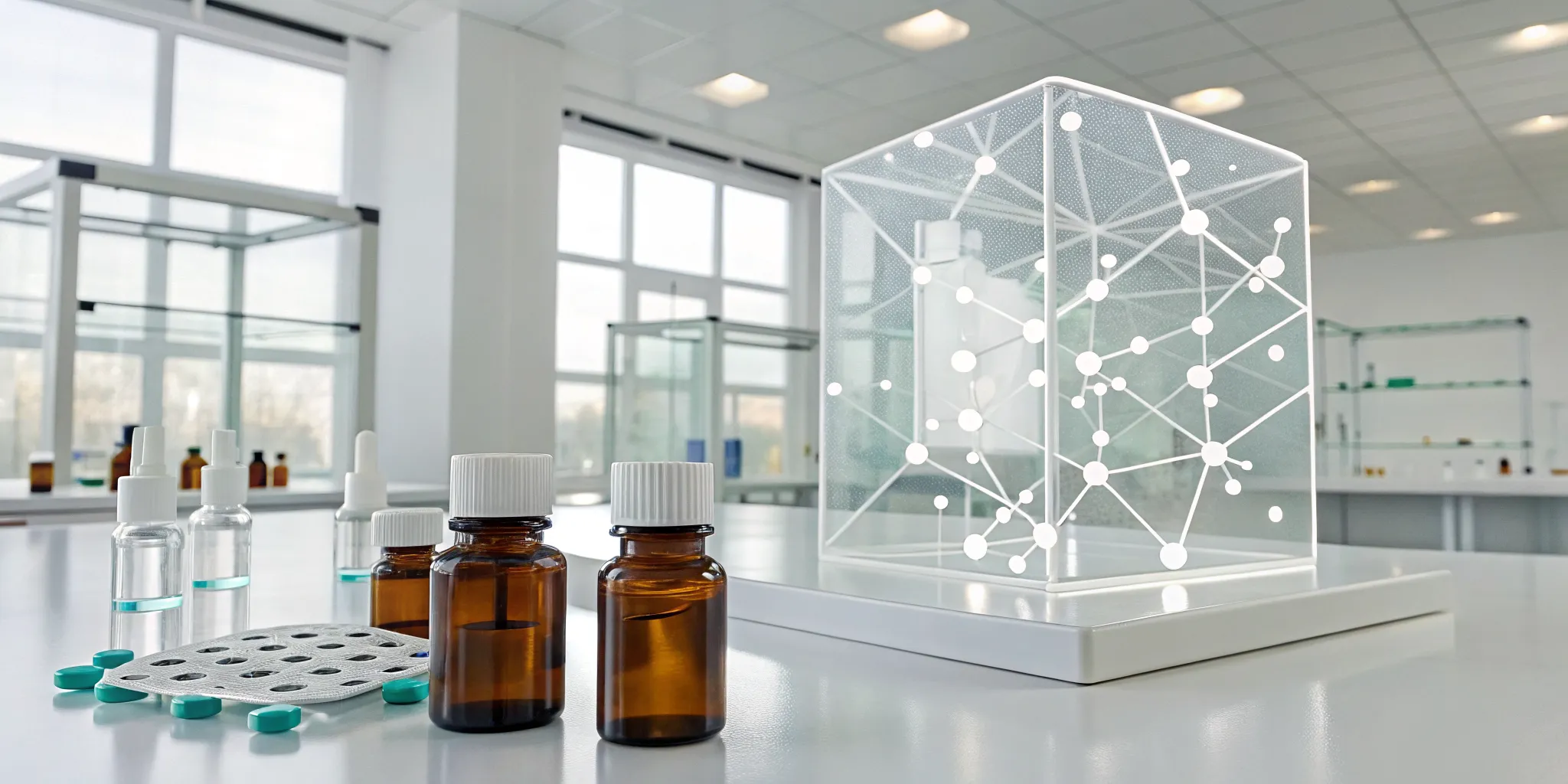 Master data management in a pharmaceutical lab with a connected data network and medicine bottles.