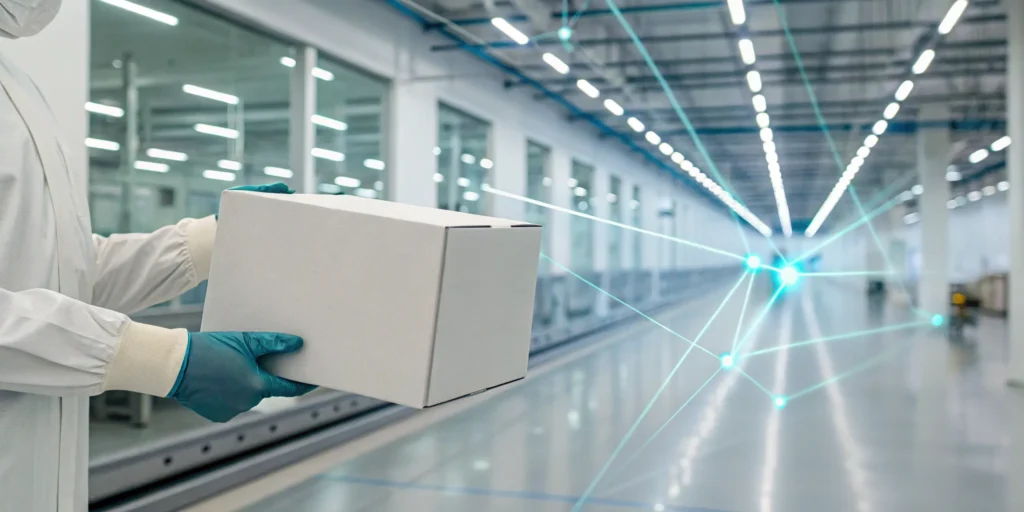 Gloved worker using a pharmaceutical track and trace system to scan a package.