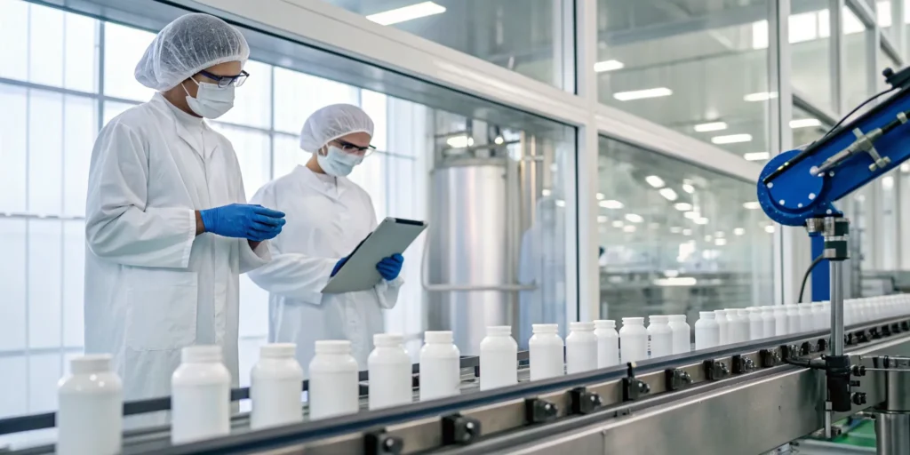 Serialized ERP for pharmaceutical manufacturers tracking medicine bottles on a production line.