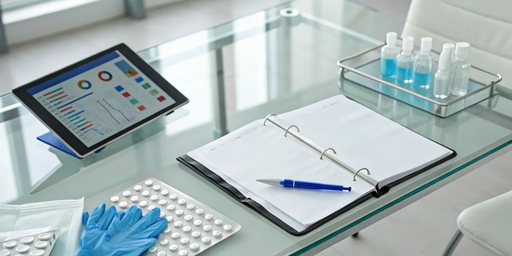 Pharma SOP management desk with a binder, tablet, and medical supplies.