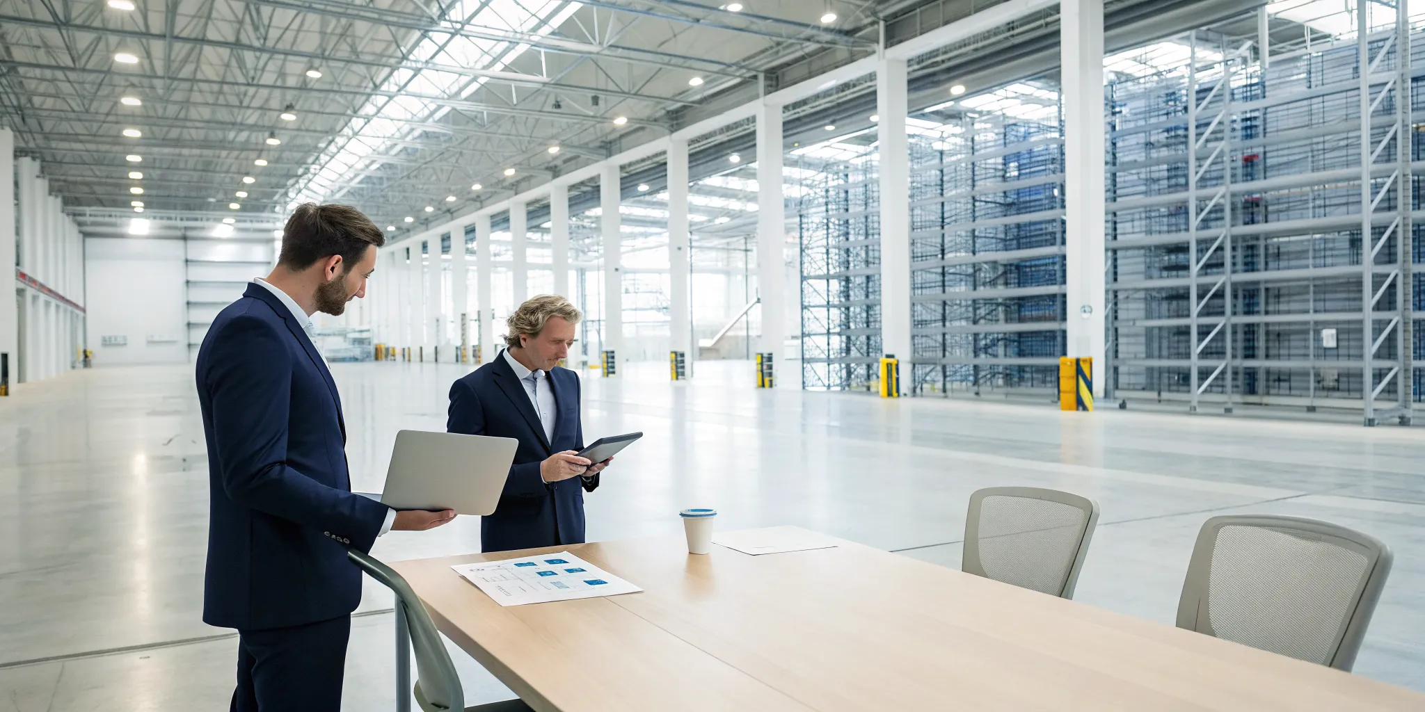 Two professionals discussing pharmaceutical supply planning in a warehouse.