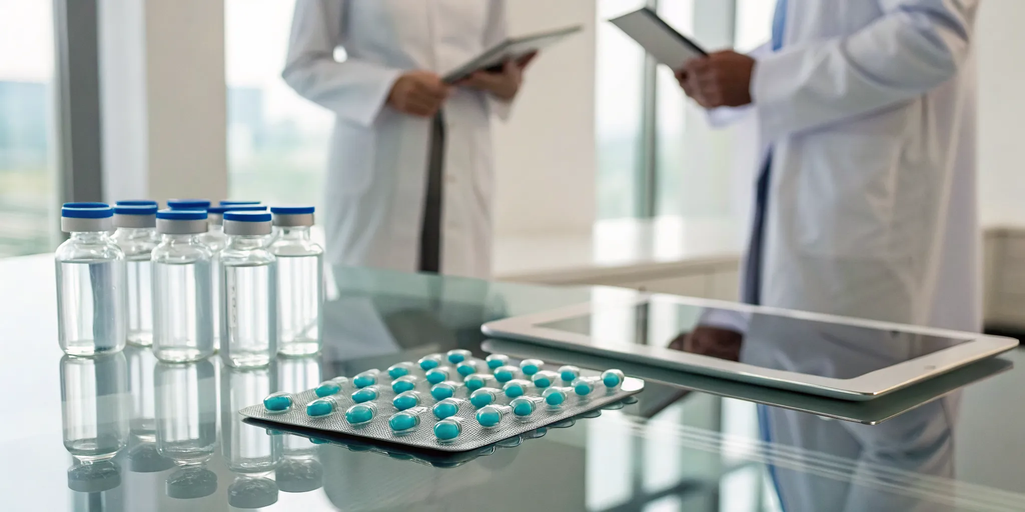 Scientists in a pharma lab using version control to ensure data integrity for tablets and vials.
