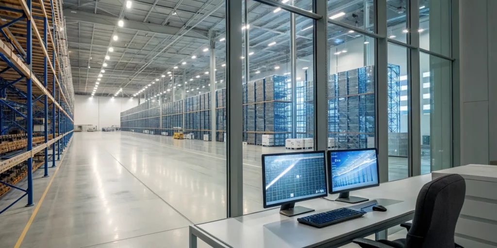 A warehouse using WMS ERP integration on computer screens to manage inventory on tall storage racks.